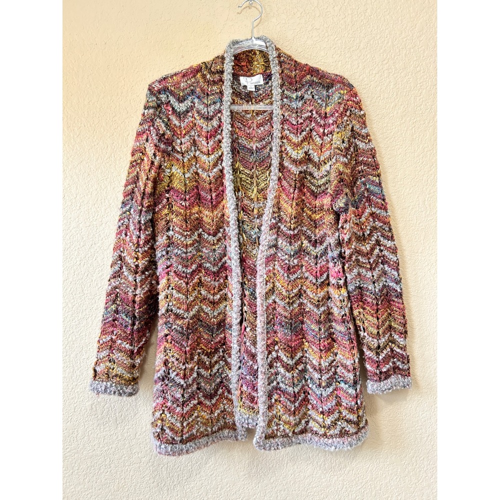 Porsesa Large Vintage Y2K Chevron Zigzag Open Front Cardigan Multicolor Boho